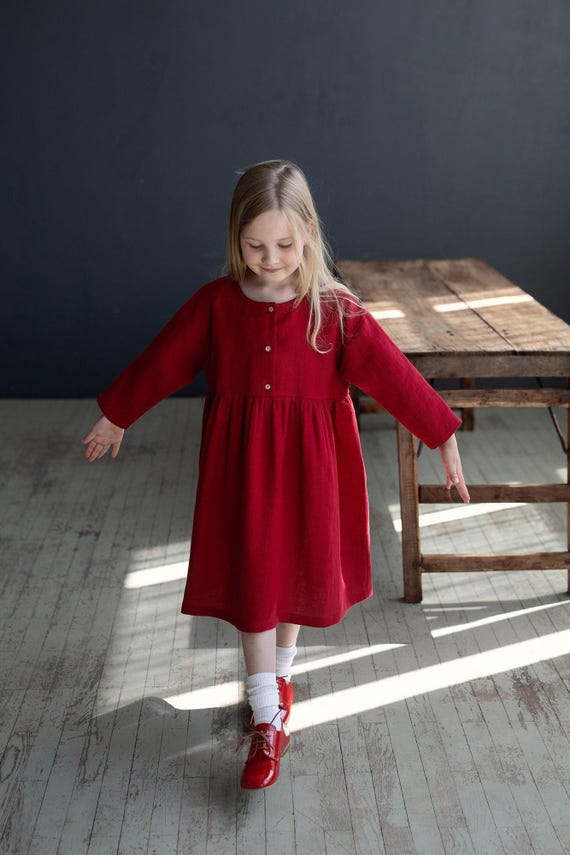 cherry linen dress Linen Midi Dress with Short Bell Sleeves VIVIEN