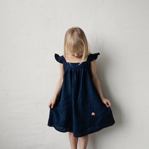 Navy Blue Pinafore Dress, Linen Pinafore Dress, Different Embroideries, Linen Dress Girls, Baby Apron, Flower Girl Dress, Dress Girls