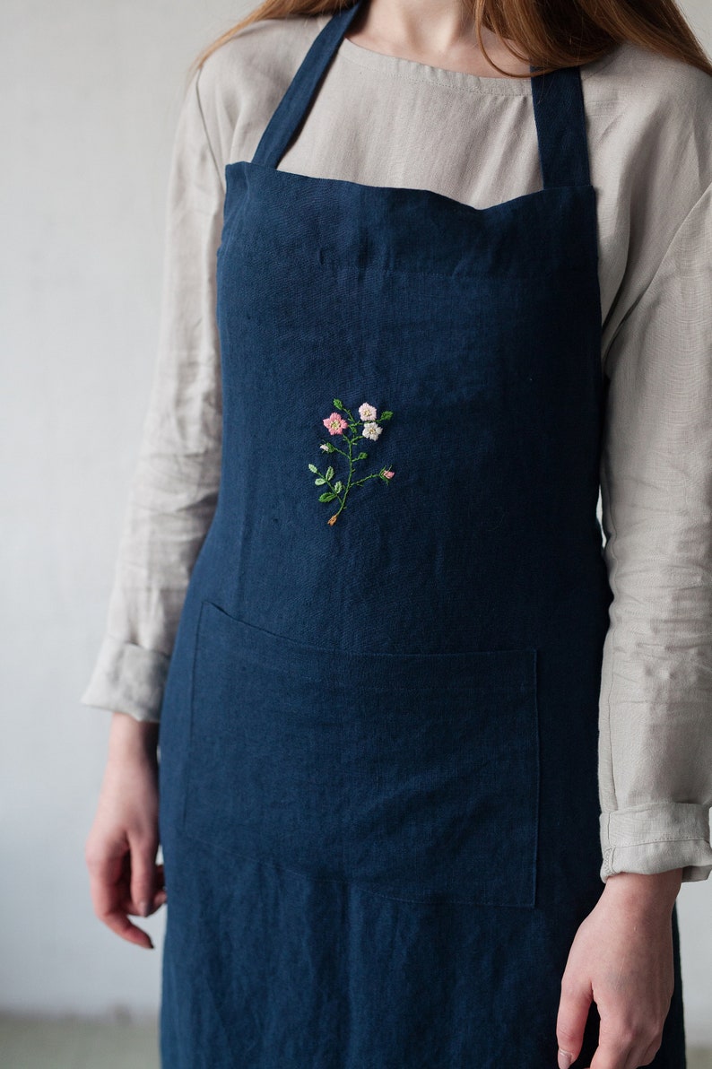 Traditional Linen Apron Navy Blue Apron Hand Embroidery Etsy