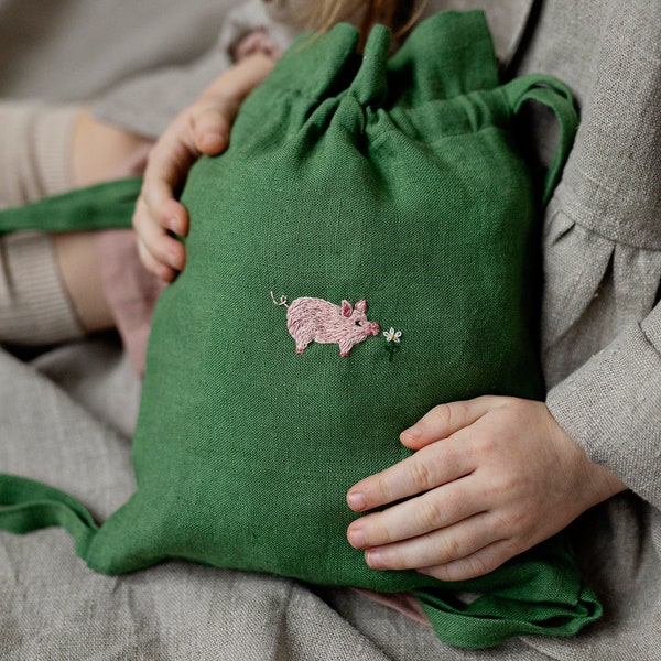 Linen Backpack, Different Colours, Pig and Flower Embroidery, Kids Backpack, Backpacks for Kids, Toy Bag, Baby Bag, Gift for Kids