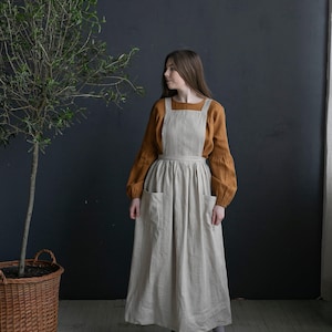 Natural Long Cross Back Pinafore, Linen Pinafore, Linen Apron, Cooking Apron, Kitchen Linen Apron, Apron for Women, Washed Linen Pinafore