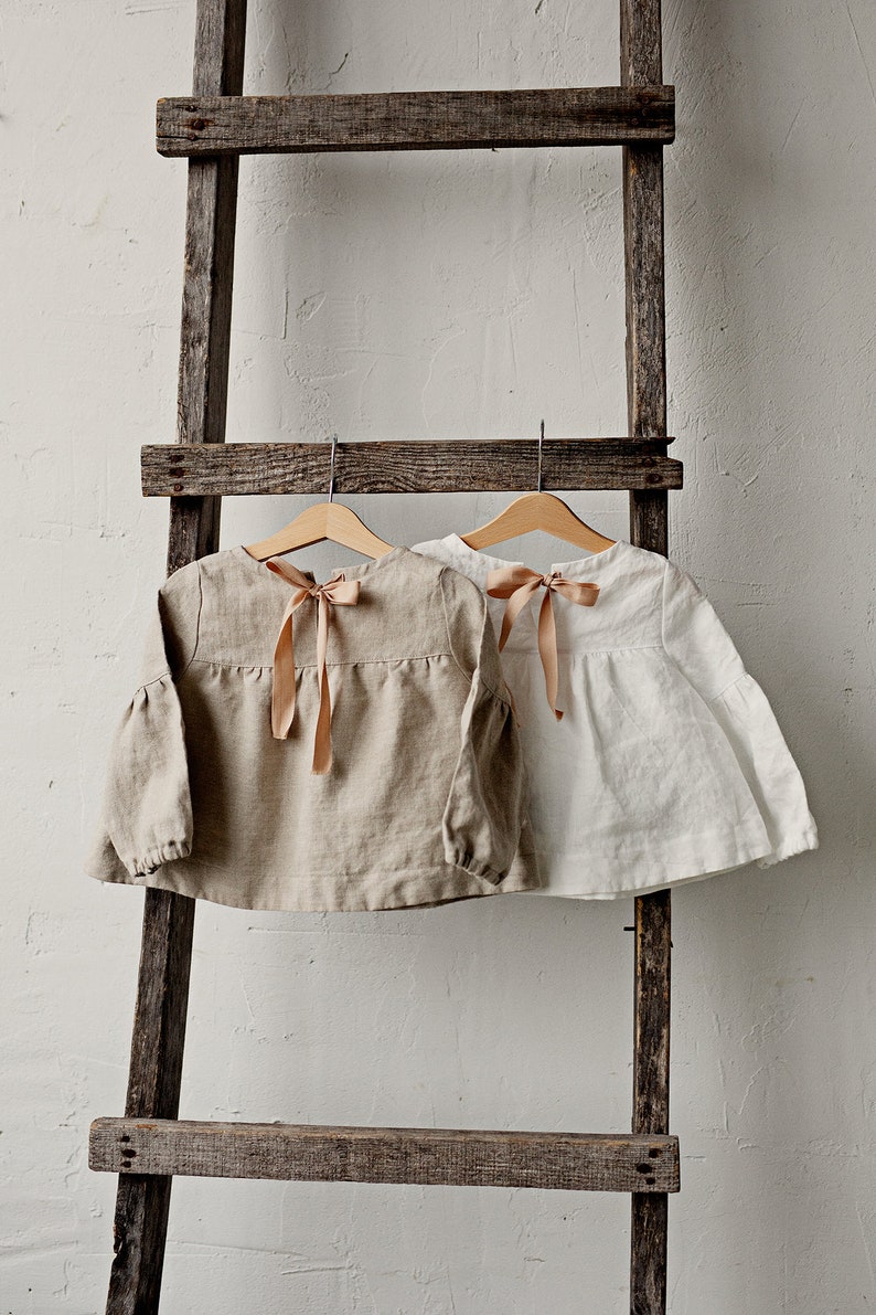 Natural Short Linen Tunic, Different Embroideries, Linen Shirt for Girls, Long Sleeve Linen Tunic, Girl Linen Top, Baby Shirt image 4