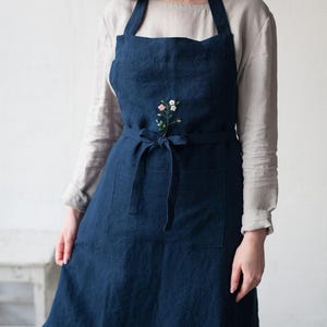Linen Cooking Apron, Navy Blue, Hand Embroidered (One Size)