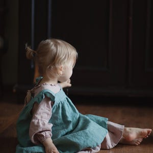 Mint Linen Pinafore Dress: Embroidered Baby Apron, Flower Girl Outfit image 7