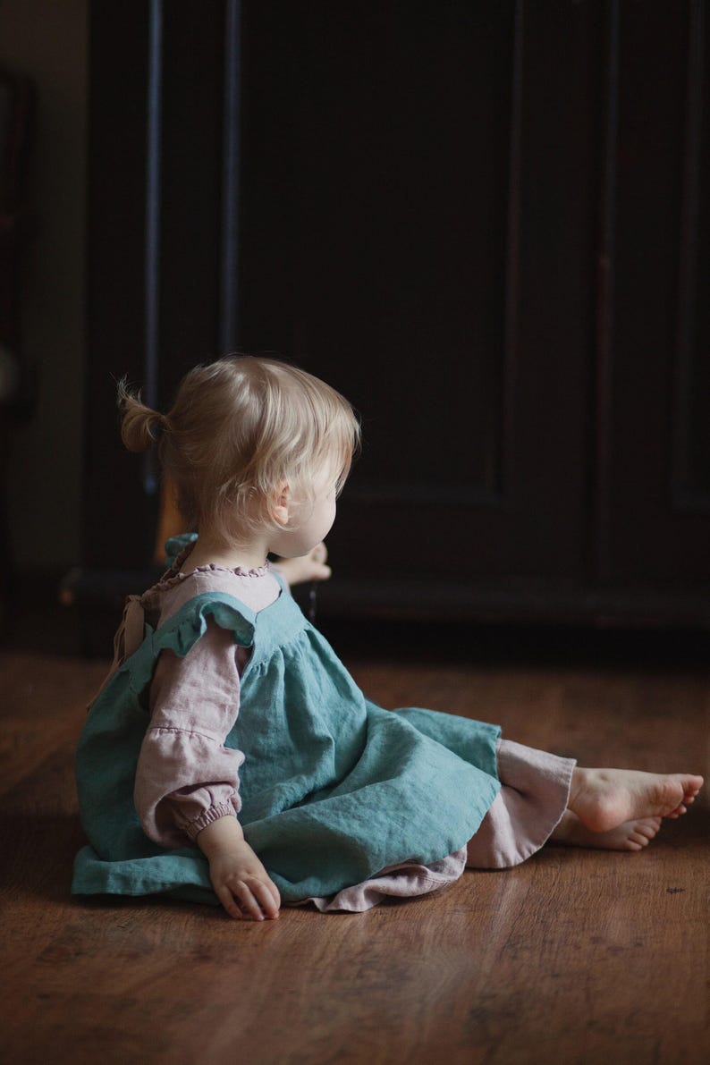 Mint Linen Pinafore Dress: Embroidered Baby Apron, Flower Girl Outfit image 7