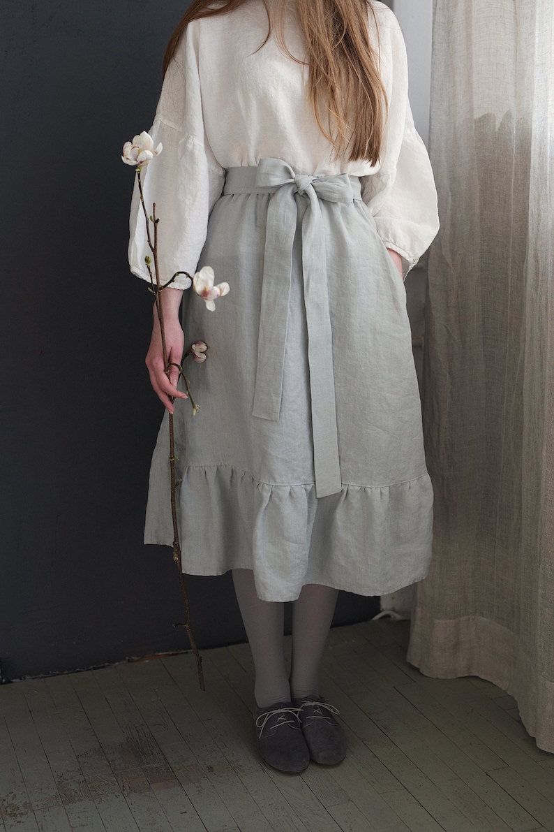Fog Grey Romantic Midi Skirt, Midi Linen Skirt, Linen Skirt with Pockets, Victorian Style Skirt, Cottagecore Skirt, Linen Midi Skirt image 6