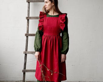 Cherry Vintage Linen Apron: Victorian Cottagecore Style, Midi Length