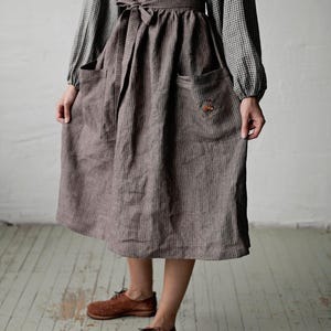 Brown Stripe Apron Skirt, Cottagecore Apron, Linen Skirt, Cooking Apron Skirt, Kitchen Linen Apron, Apron for Women, Gift for Women