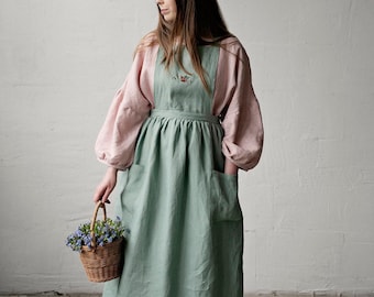 Mint Vintage Linen Apron: Victorian Cottagecore Style
