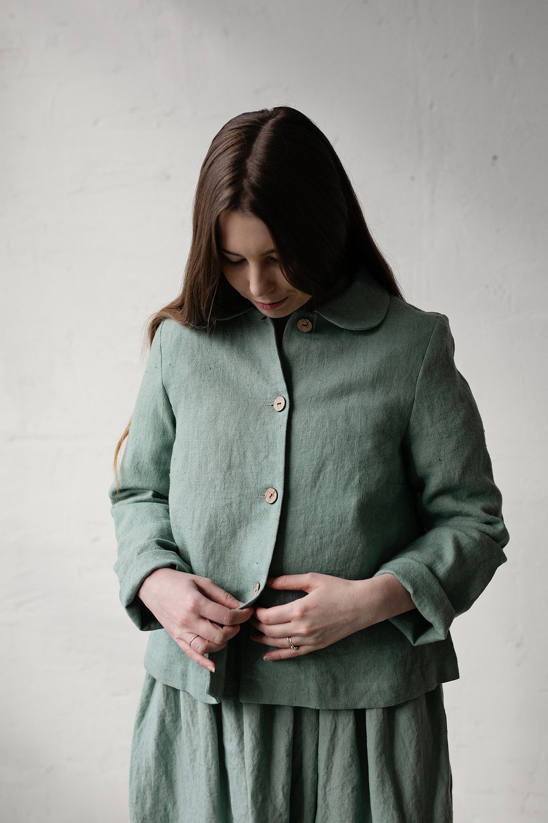 Mint Peter Pan Collar Jacket, Linen Jacket, A Line Linen Jacket, Jacket