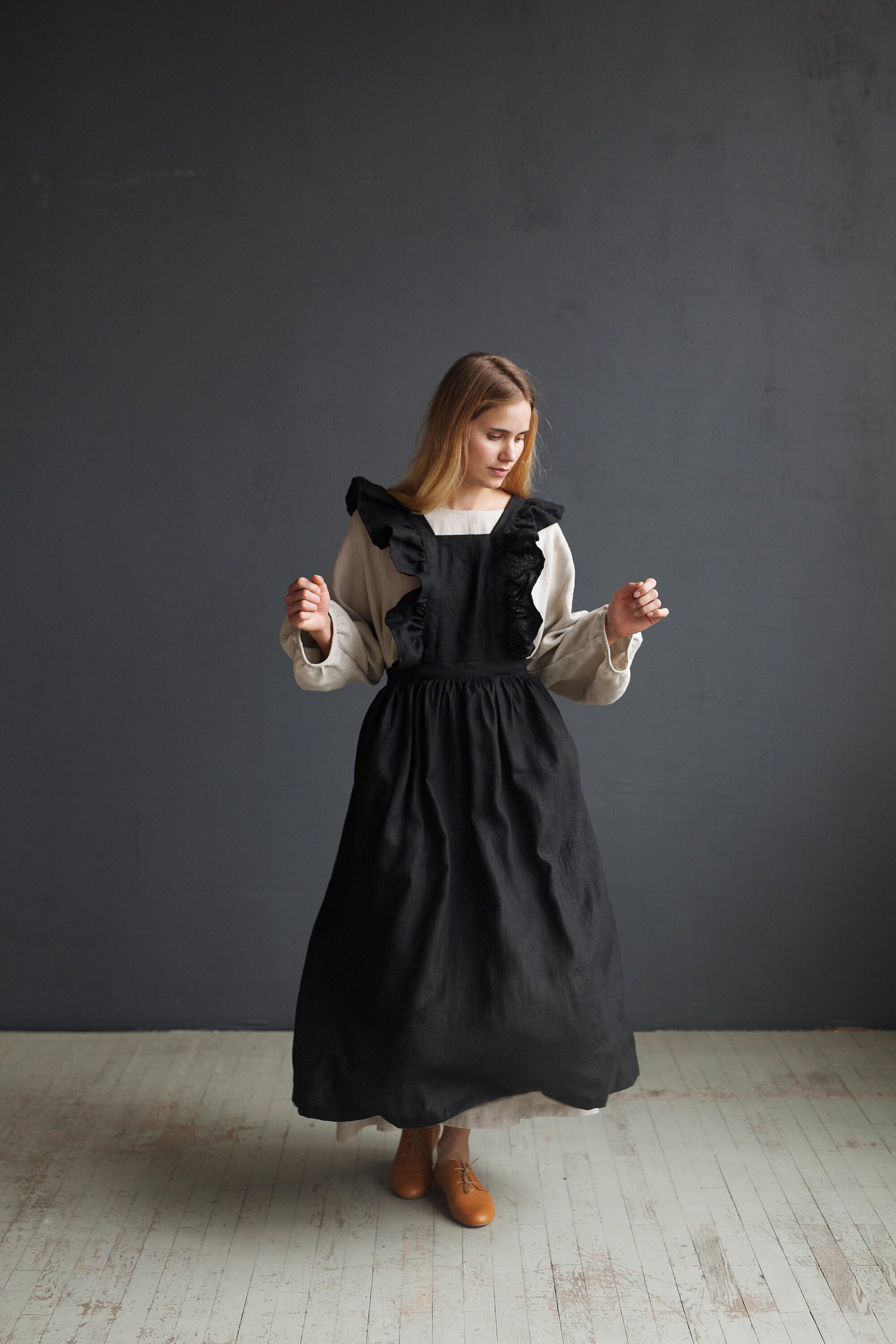 Black Long Vintage Apron, Linen Pinafore With Wings, Linen