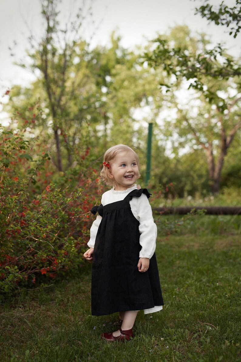 Black Linen Pinafore Dress: Ruffled Sleeves, Girls Apron image 3