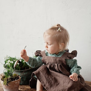 Cacao Pinafore Dress, Linen Pinafore Dress, Different Embroideries, Linen Dress Girls, Baby Apron, Flower Girl Dress, Dress Girls