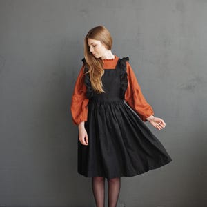 Black Short Vintage Dress, Linen Pinafore Dress, Elastic Waist Dress, Linen Pinafore with Wings, Linen Dress for Women, Victorian Apron