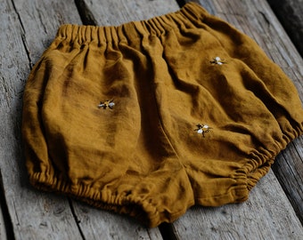 Mustard Exclusive Bloomers, Linen Bloomers, Bee Embroidery, Linen Shorts, Kids Bloomers, Linen Kids Clothing