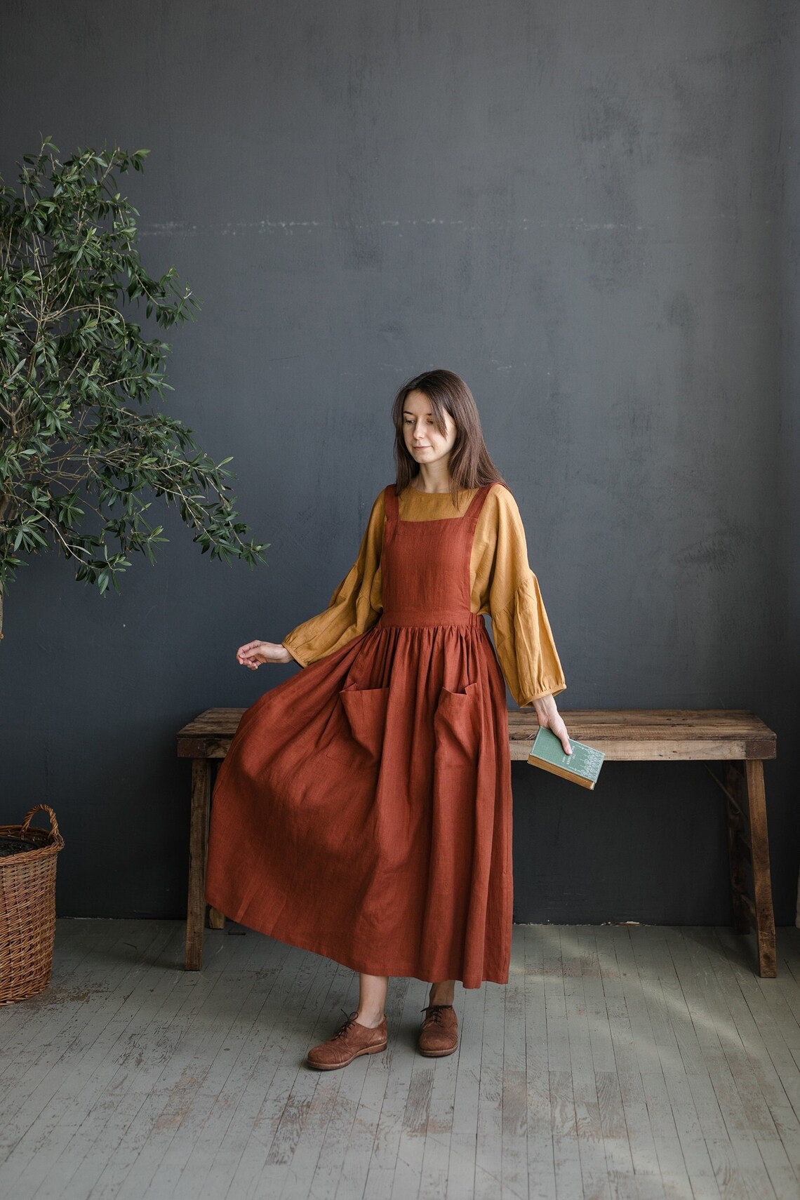 Rust Cottage Dress Linen Pinafore Dress Elastic Waist Dress Etsy
