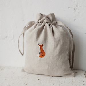 Linen Pouch Bag, Different Colours, Sitting Fox Embroidery, Laundry Bag, Nursery Decor, Toy Storage Bag, Bread Bag, Gift for Women