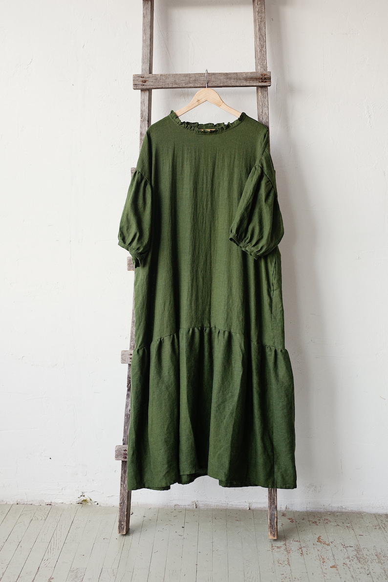 Forest Green Ruffle Kimono Dress, Oversized Linen Dress, Linen Dress, Linen Dress for Women, Plus Size Dress, Loose Linen Dress, Maxi Dress image 2