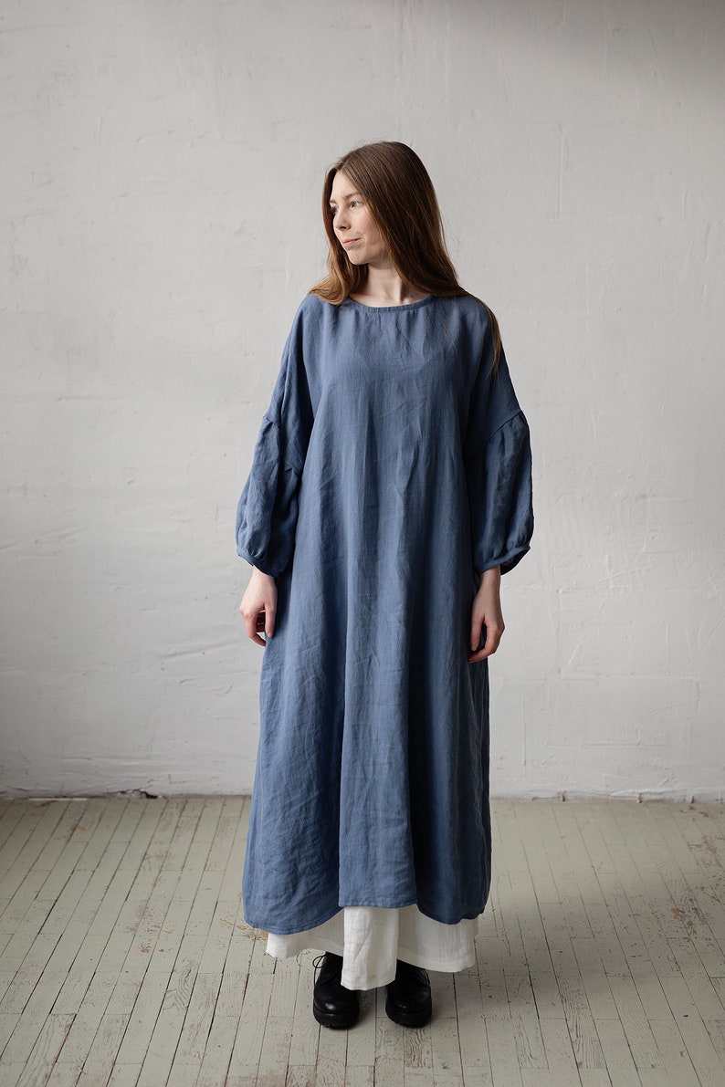 Dusty Blue Kimono Dress, Oversized Linen Dress, Linen Dress, Linen Dress for Women, Plus Size Linen Dress, Loose Linen Dress, Maxi Dress image 3