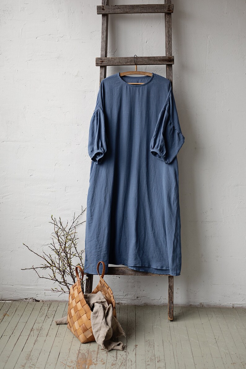 Dusty Blue Kimono Dress, Oversized Linen Dress, Linen Dress, Linen Dress for Women, Plus Size Linen Dress, Loose Linen Dress, Maxi Dress image 6