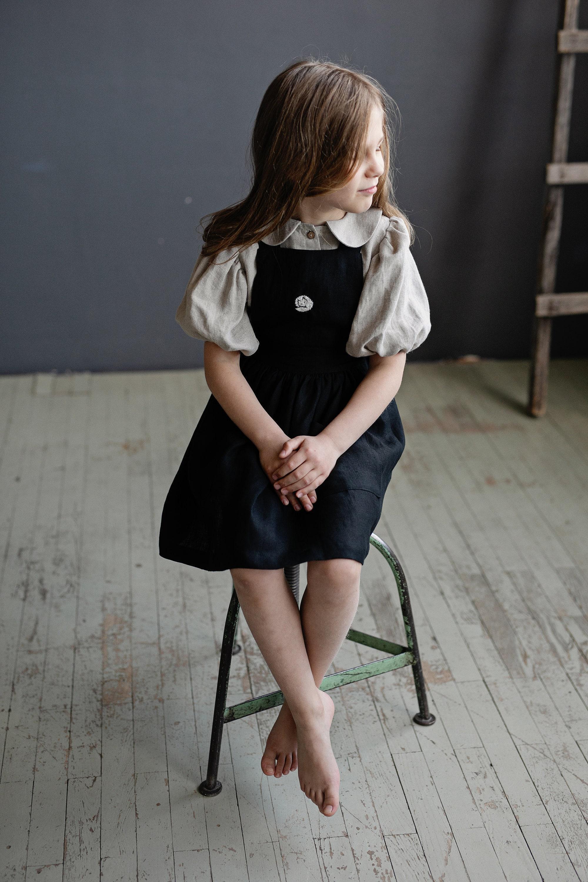 Cottagecore Dress Hat Short Pinafore Black Linen Pinafore Dress: Cross Back Apron For Girls Cottagecore Dress Hat Short Pinafore Black Linen Pinafore Dress: Cross Back Apron For Girls