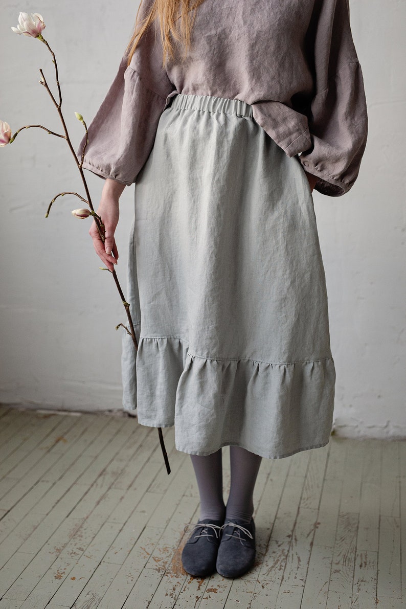 Fog Grey Romantic Midi Skirt, Midi Linen Skirt, Linen Skirt with Pockets, Victorian Style Skirt, Cottagecore Skirt, Linen Midi Skirt image 3