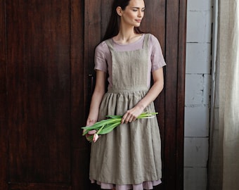 Natural Pinafore Linen Apron: Midi Cross Back