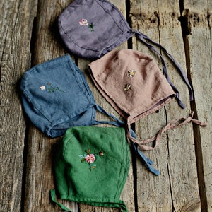 Dusty Blue Classic Bonnet, Kids Linen Bonnet, Different Embroideries, Unisex Linen Bonnet, Linen Hat for Kids, Hand Embroidery image 9
