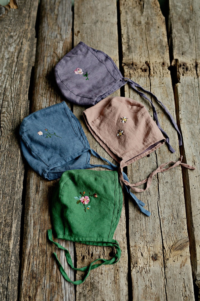 Dusty Blue Classic Bonnet, Kids Linen Bonnet, Different Embroideries, Unisex Linen Bonnet, Linen Hat for Kids, Hand Embroidery image 9