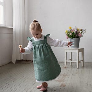 Mint Linen Pinafore Dress: Embroidered Baby Apron, Flower Girl Outfit image 3