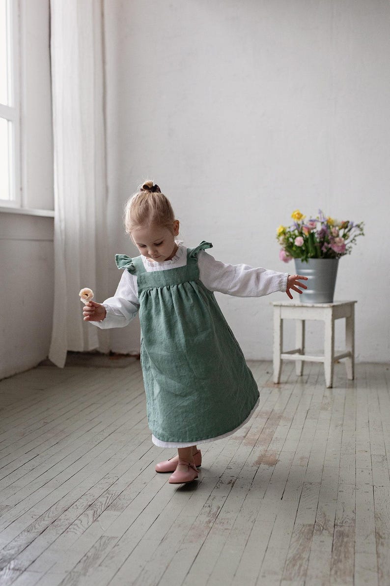 Mint Linen Pinafore Dress: Embroidered Baby Apron, Flower Girl Outfit image 3