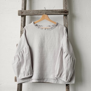 Fog Grey Linen Tunic: Ruffle Neckline, Oversized Kimono Blouse