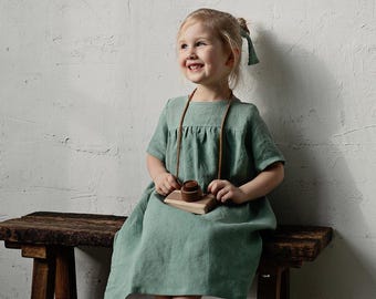 Mint Linen Girl Dress: Embroidered Short Sleeve Summer Dress