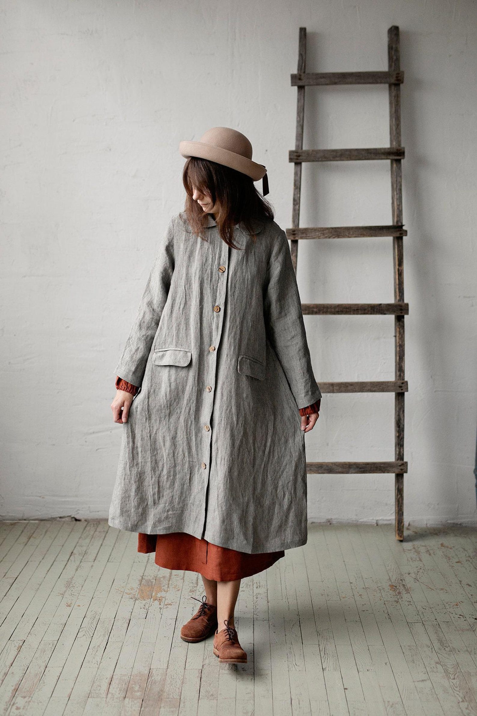 B&W Stripe Classic Linen Coat, Linen Coat for Women, Hand Embroidery, A ...