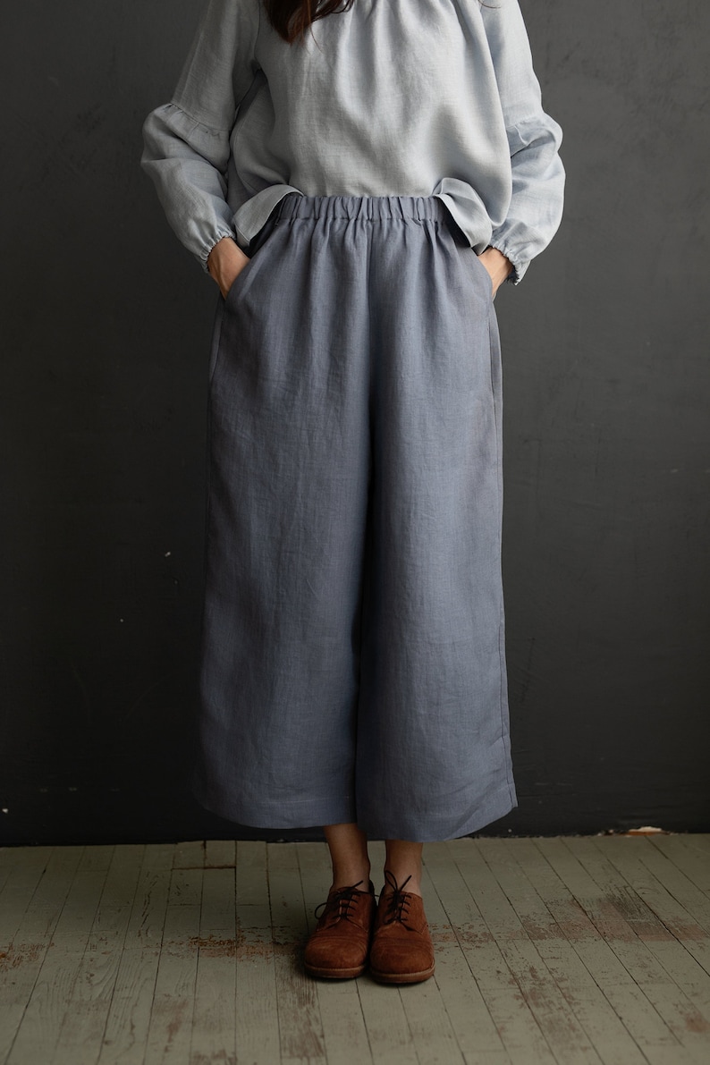 Dusty Blue Culottes, Linen Culottes, Linen Pants, Women Pants, Women Culottes, Wide Linen Pants, High Waist Culottes zdjęcie 3