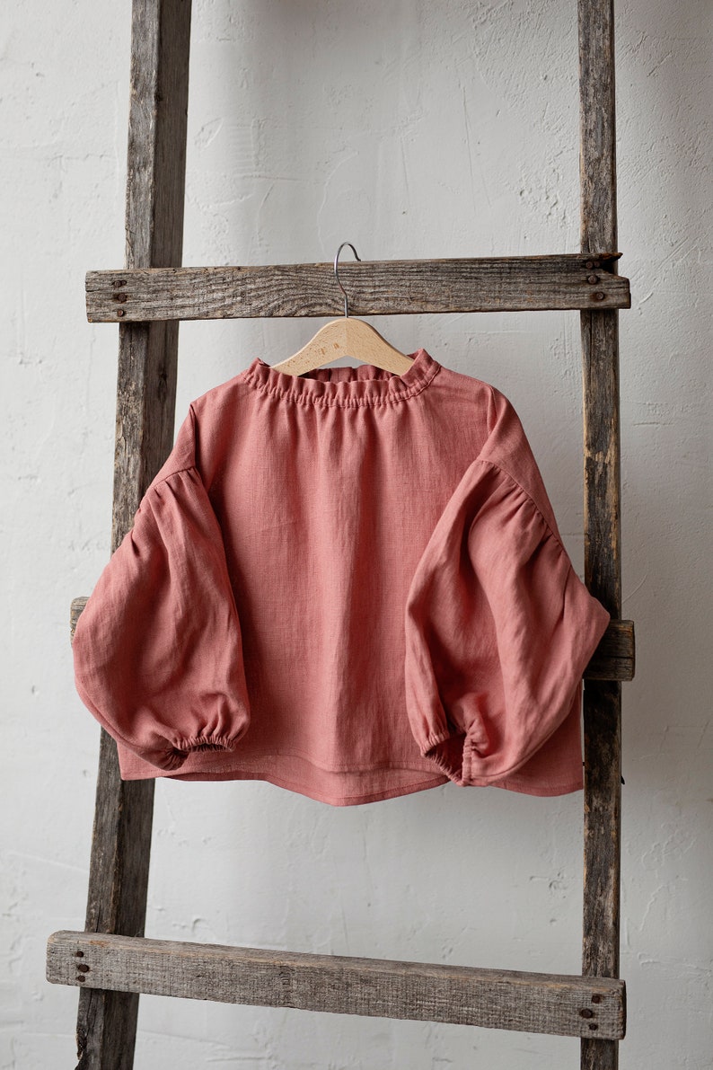 Salmon Parachute Linen Tunic, Different Embroideries, Linen Shirt for Girls, Long Sleeve Linen Tunic, Girl Linen Top, Baby Shirt image 2