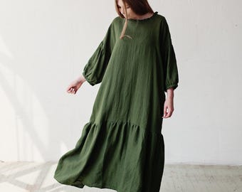 Forest Green Ruffle Kimono Linen Dress: Oversized Maxi
