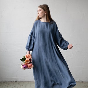 Dusty Blue Kimono Dress, Oversized Linen Dress, Linen Dress, Linen Dress for Women, Plus Size Linen Dress, Loose Linen Dress, Maxi Dress image 7