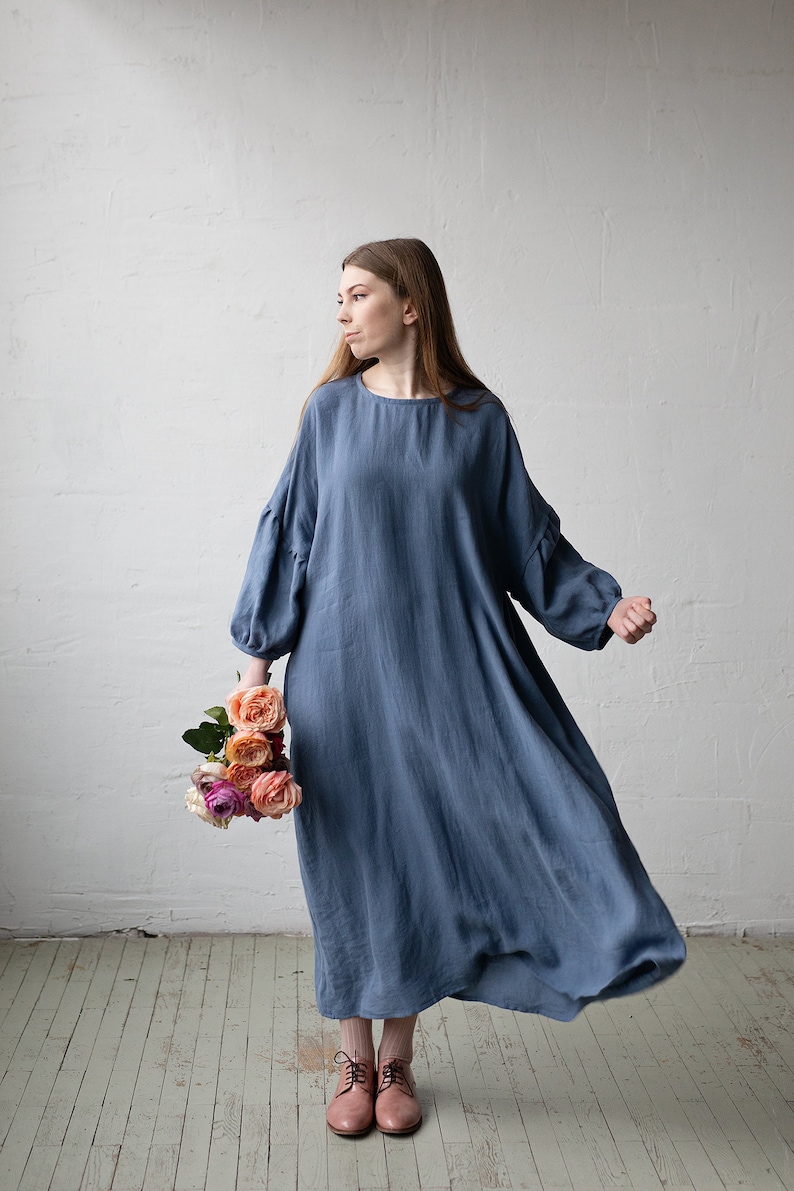 Dusty Blue Kimono Dress, Oversized Linen Dress, Linen Dress, Linen Dress for Women, Plus Size Linen Dress, Loose Linen Dress, Maxi Dress image 7