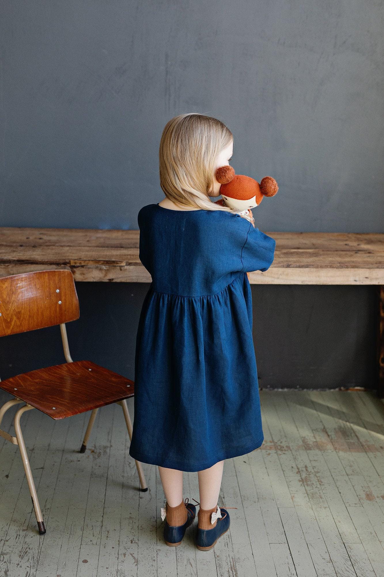 Navy Blue Linen Girl's Dress: Embroidered Anemone Flower Navy Blue Linen Girl's Dress: Embroidered Anemone Flower