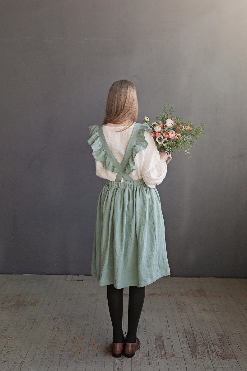 Mint Short Vintage Dress, Linen Pinafore Dress, Elastic Waist Dress, Linen Pinafore with Wings, Linen Dress for Women, Victorian Maid Apron image 1