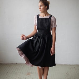 Black Midi Cross Back Pinafore, Linen Pinafore, Linen Apron, Cooking Apron, Kitchen Linen Apron, Apron for Women, Washed Linen Pinafore