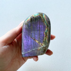 以下が含まれることがあります： 虹色の紫色、青色、緑色の光沢を持つ、大きな研磨された自由形状のラブラドライト結晶。結晶は滑らかで丸みを帯びた表面と自然で不規則な形をしています。