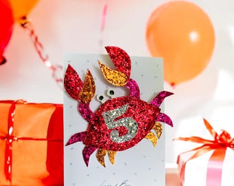 Crab badge. Personalised age number badge. Birthday gift, birthday brooch. Glitter number badge.