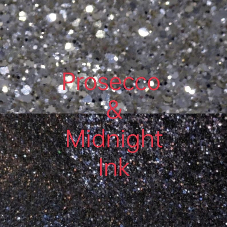 May include: Close-up of two glitter textures. The top texture is silver glitter and the bottom texture is black glitter. The text "Prosecco & Midnight Ink" is written in red on the image.