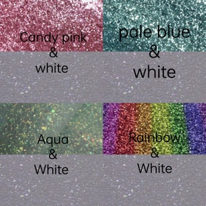 May include: Four samples of glitter, each with a different color and white glitter mixed in. The colors are candy pink, pale blue, aqua, and rainbow.