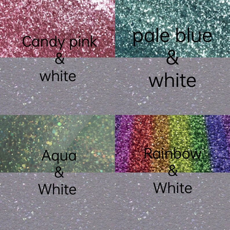 May include: Four samples of glitter, each with a different color and white glitter mixed in. The colors are candy pink, pale blue, aqua, and rainbow.