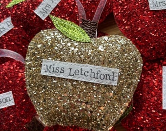 Sparkly Apples. Hanging glitter apples, teacher gift, teachers apple. Thank you teacher. Red & Gold personalised apples.