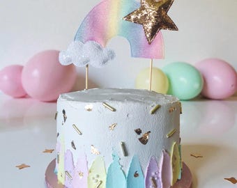 Rainbow Cake Topper. Handmade stitched rainbow, cloud and star theme birthday cake topper.