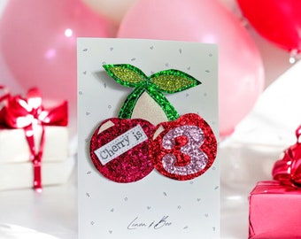 Cherry Birthday badge. Birthday gift, birthday brooch. Glitter number badge. Cherry fruit theme.